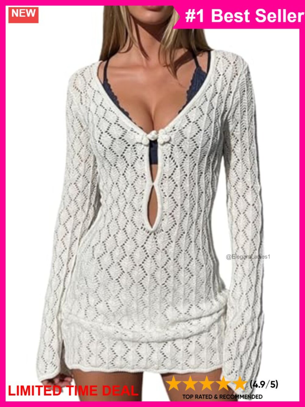 Crochet Mini Dress Beach Cover Up Long Sleeve V-Neck Swimwear Coverup